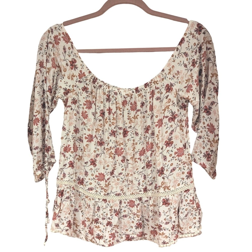 American Eagle Floral Peplum Top S Cream Boho Lace Tie Sleeve Cottagecore